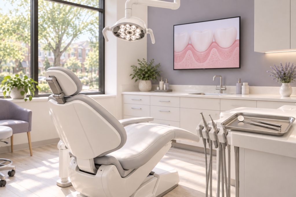 A bright minimalist periodontist treatment room with a white reclined patient chair, an instrument tray and a window onto a leafy street.