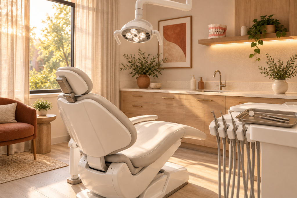 A cozy periodontist treatment room with linen curtains, terracotta and cream accents and a cream reclined patient chair.