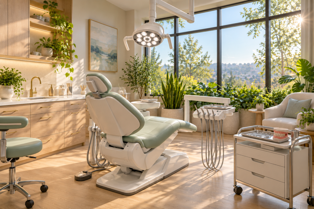 A sunlit periodontist treatment room with green plants in the window, a white reclined patient chair and a light oak floor.