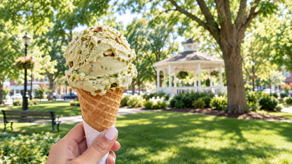 A pistachio ice cream cone held up in front of a town green with a gazebo (illustrative image)