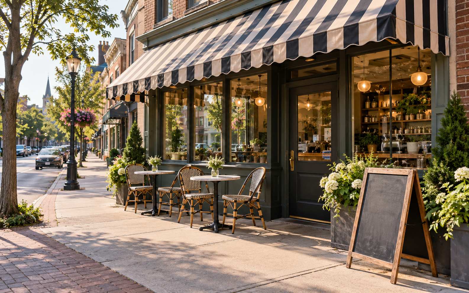 Outdoor cafe tables under a striped awning on a sunny downtown New Jersey street