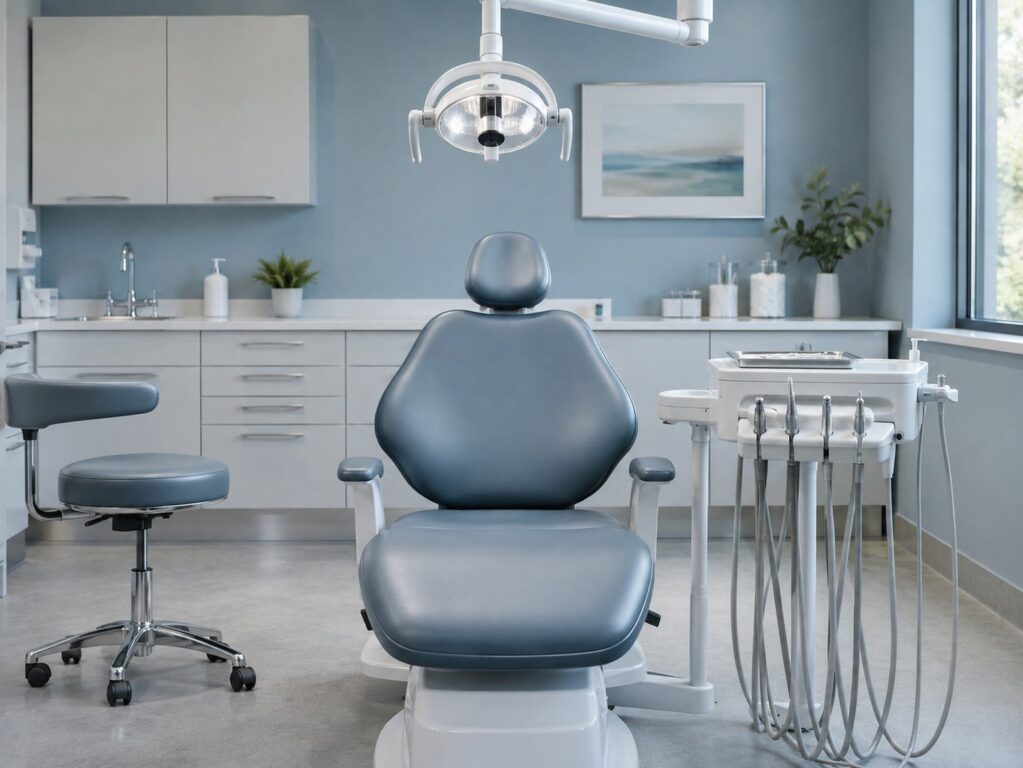 An empty dental treatment room with soft blue-grey walls: a dental chair centred under its overhead light, white cabinets along the back wall and a window at the right.