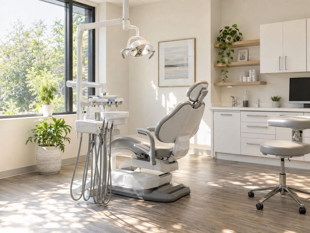 An empty dental treatment room with warm white walls, a grey dental chair under its overhead light facing a large window, and daylight across a wood floor.