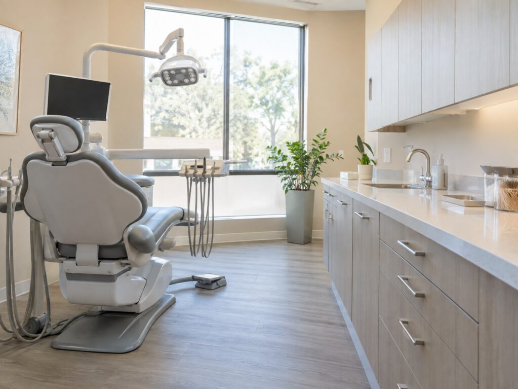 An empty dental treatment room with a grey patient chair at the left, a window behind it, and wood-grain cabinets with a white counter along the right.