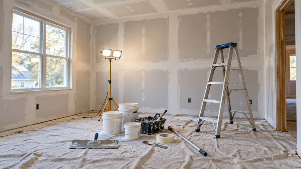 Rebuilt room mid-finish with new drywall - fire and water restoration, Randolph