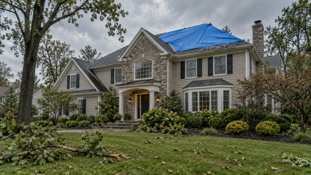 Home exterior after a storm with a roof tarp - fire and water restoration, The Chathams