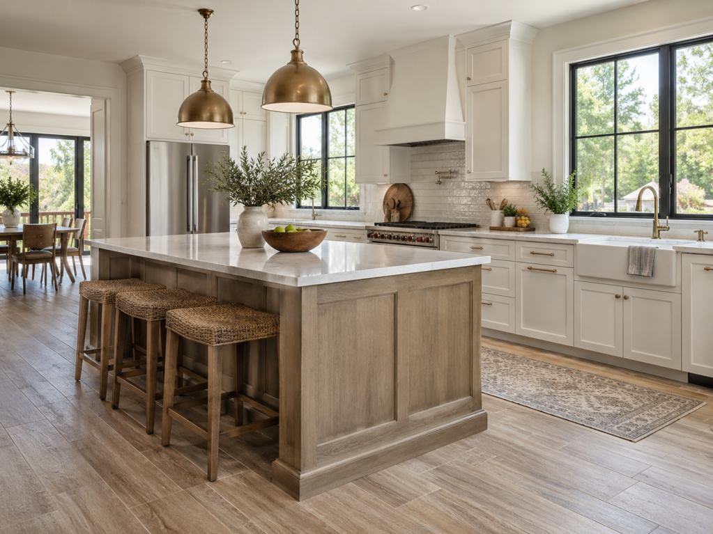Bright kitchen with wood-look tile flooring and a kitchen island