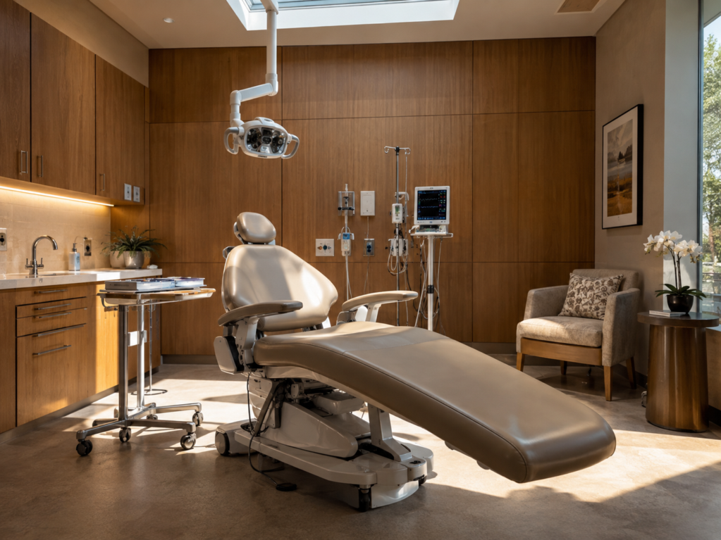 Warm, wood-paneled oral surgery recovery room with a reclined chair beneath a skylight