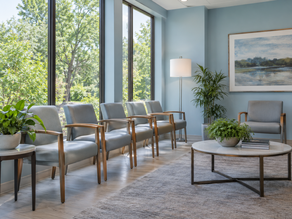 Bright oral surgery waiting area with pale blue walls, a row of chairs, and large windows overlooking trees