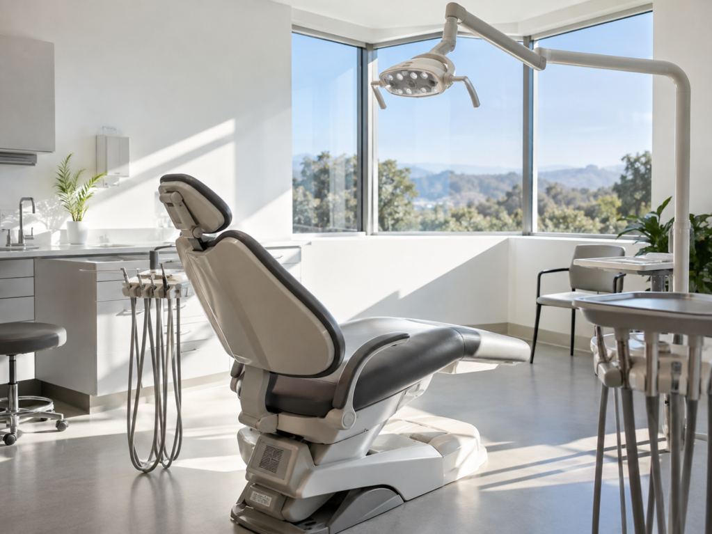 Crisp white oral surgery operatory with an overhead light angled over the chair and morning sun through a corner window
