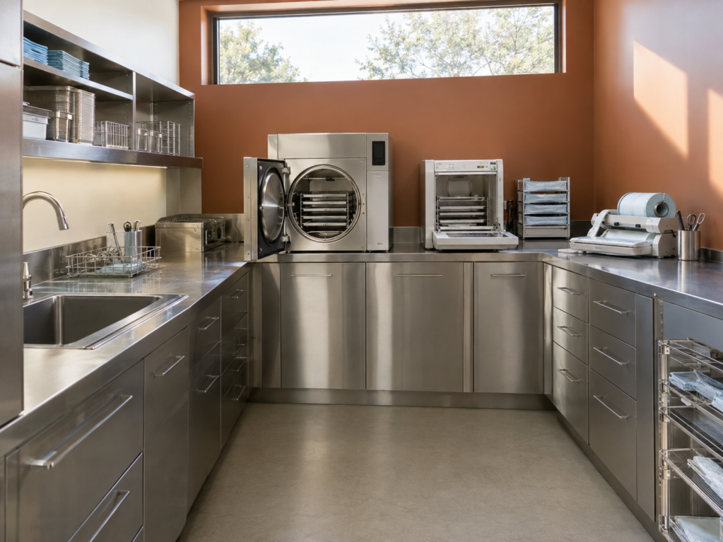 Modern oral surgery sterilization room with brushed steel counters and autoclave equipment beneath a bright terracotta wall