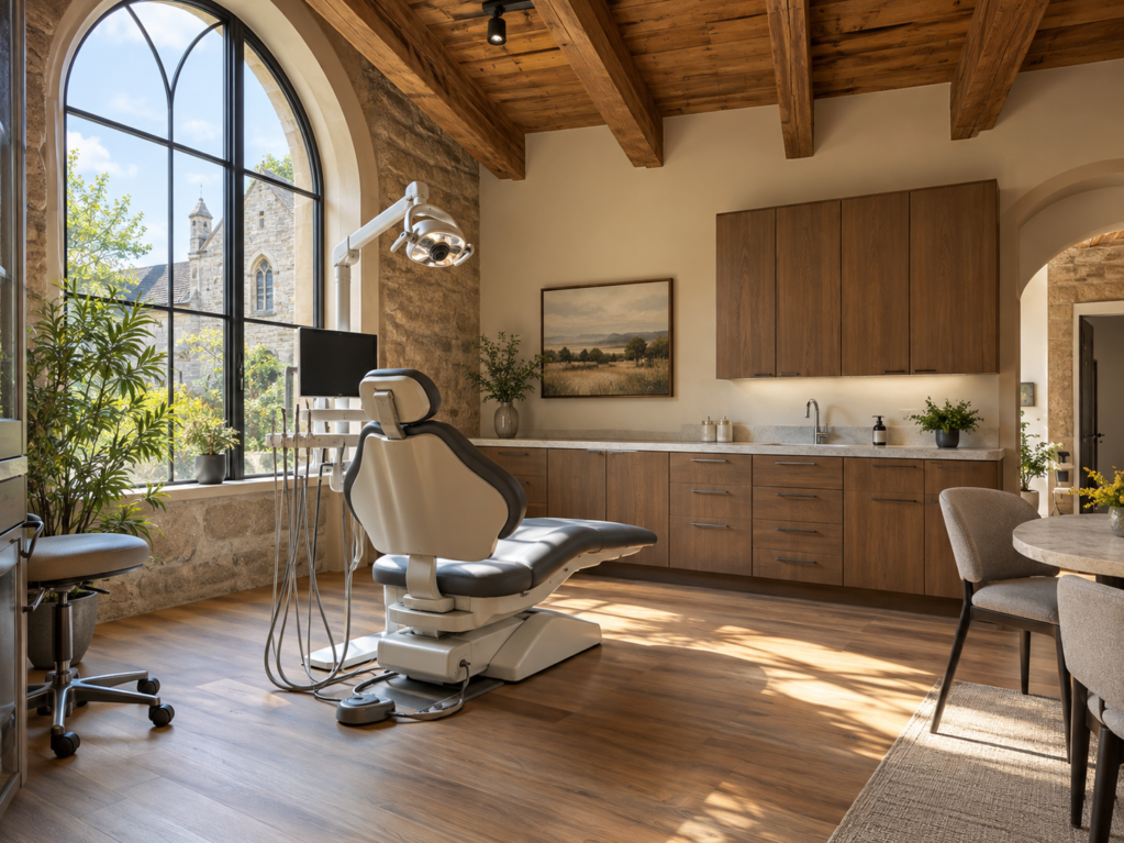 Cozy oral surgery consultation room in a converted historic building with an exposed wood beam ceiling and a tall arched window