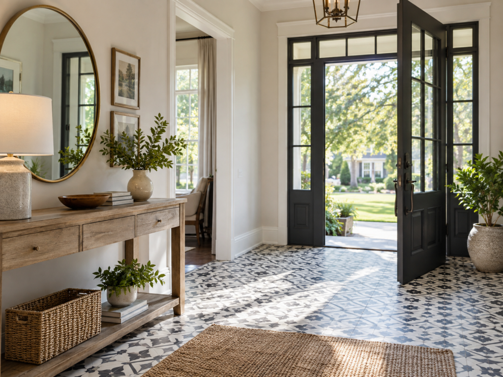Bright entryway with patterned tile flooring and a console table