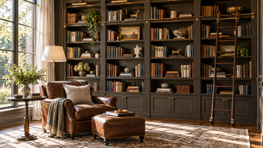 Library wall with built-in bookcases - interior design, Chatham and Madison