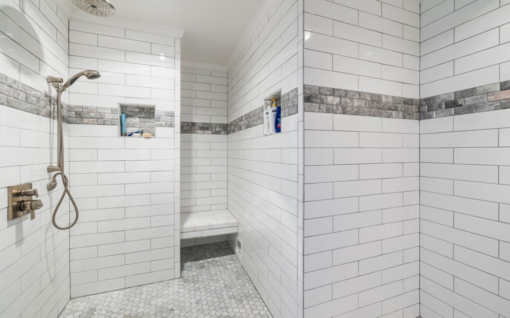 White tiled walk-in shower - kitchen and bath, Randolph