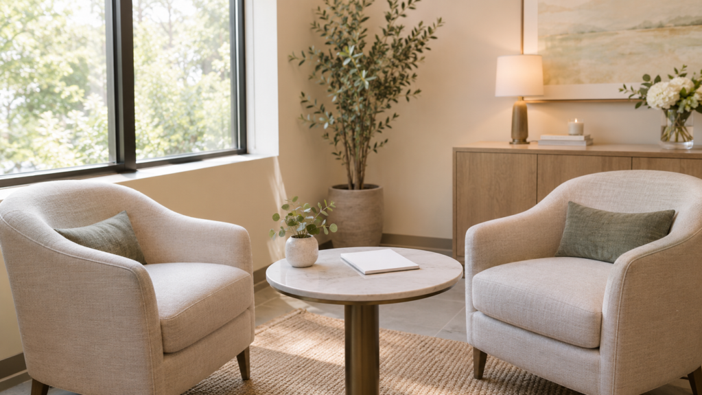 Consultation room with two armchairs - med spa, Chatham and Madison