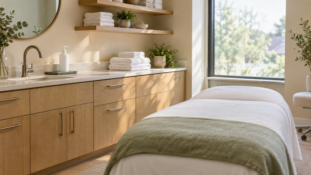 Treatment area with counter, sink and folded towels - med spa, Montville and Kinnelon