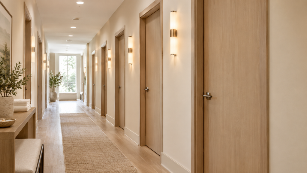 Hallway with closed treatment-room doors - med spa, Randolph