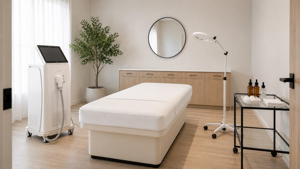 A treatment room in a skin clinic, with a linen-laid treatment table, a laser platform with its handpiece in the holder, and a rolling trolley of serums and cotton rounds alongside.