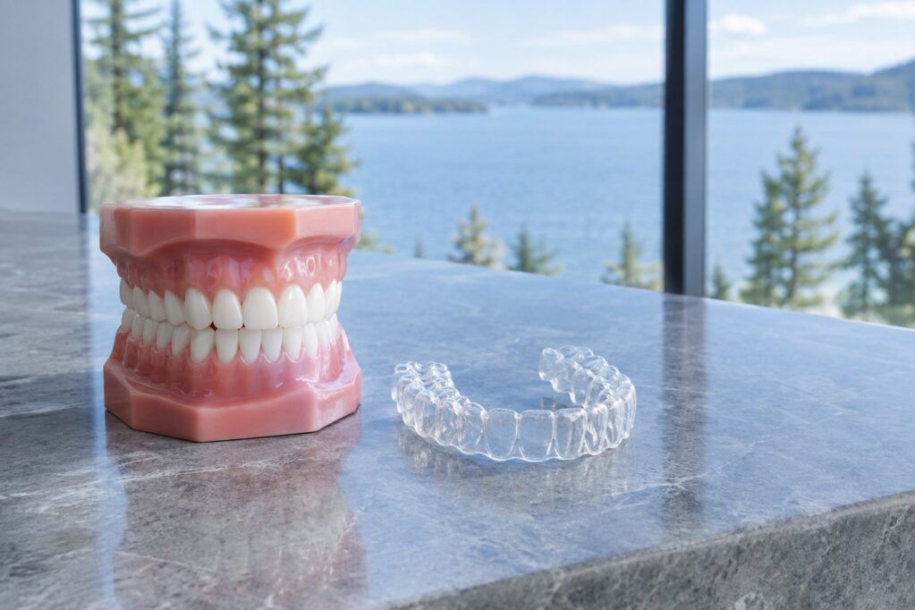 Orthodontic dental model and clear aligner tray on a stone countertop, a lake and pines visible through a floor-to-ceiling window