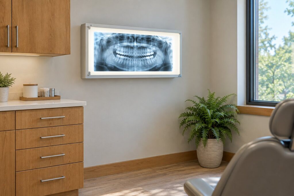Wall-mounted panoramic dental x-ray viewer glowing in an empty consultation room with oak cabinetry and a potted fern