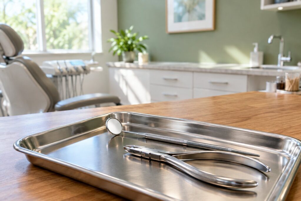 Stainless dental instrument tray with a mouth mirror and orthodontic pliers on a wood-tone countertop, treatment room in soft focus behind