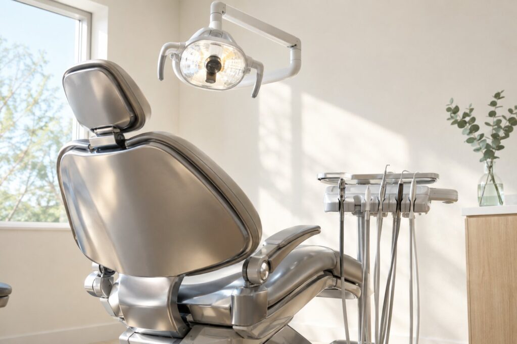 Empty orthodontic treatment chair with an overhead light, chrome tool arm and a window view of pine trees