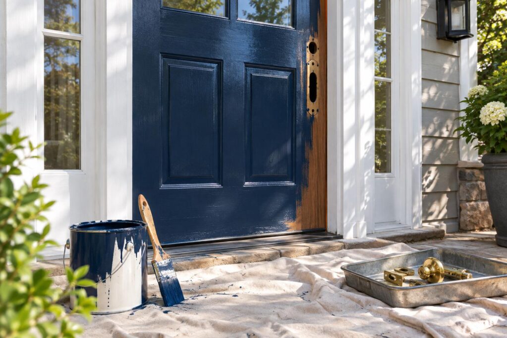 A wooden front door freshly painted deep navy blue, with a paintbrush leaning against an open paint can, a drop cloth on the ground, and brass door hardware set aside in a small tray