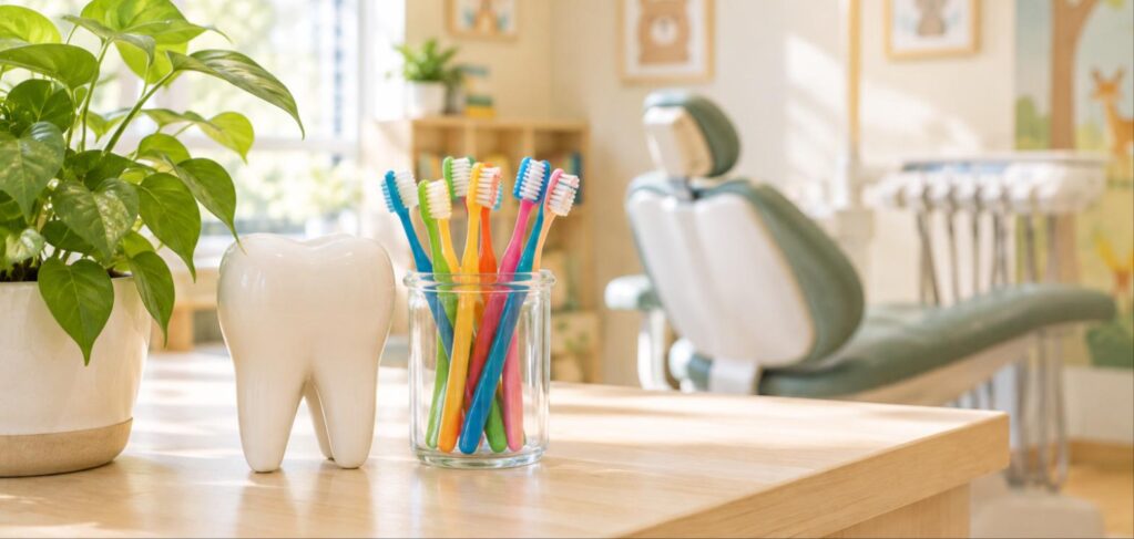 A large tooth model and a jar of colorful toothbrushes beside a plant in a pediatric dental office.