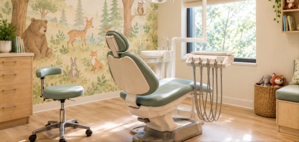A pediatric dental treatment room with a forest and woodland animal mural, a small dental chair and a wooden floor.