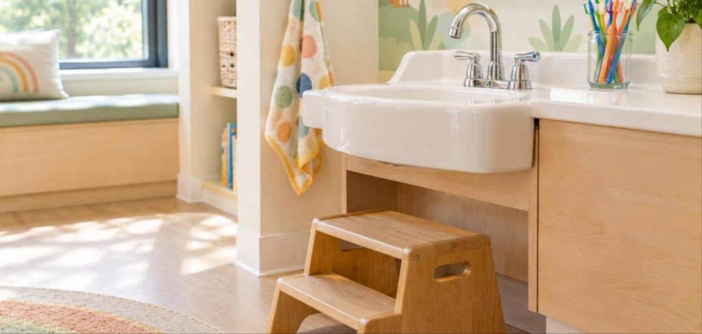 A child-height handwashing sink with a wooden step stool and a polka-dot towel in a pediatric dental office.