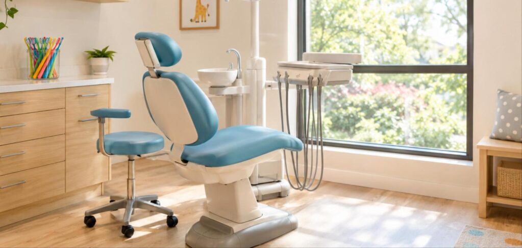 A bright pediatric dental treatment room with a child-sized blue dental chair beside a large window and colorful toothbrushes in a jar.