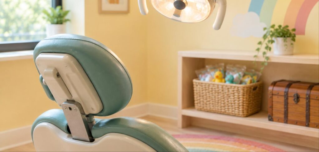 A dental chair headrest and exam light beside a shelf with a basket of small toys and a wooden treasure chest under a rainbow wall.