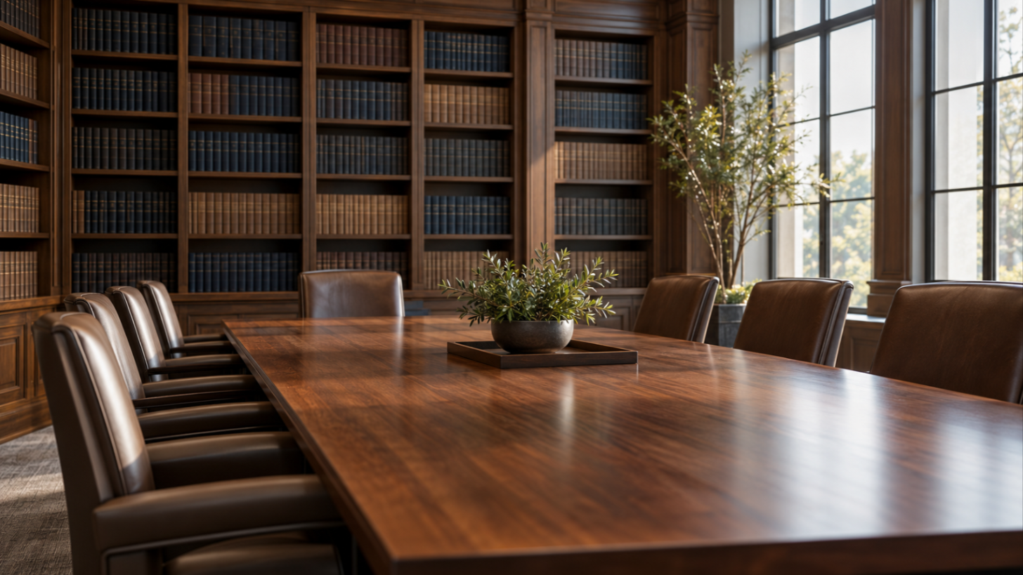 Empty law-office conference room with bookshelves - personal injury lawyers, Middlesex County