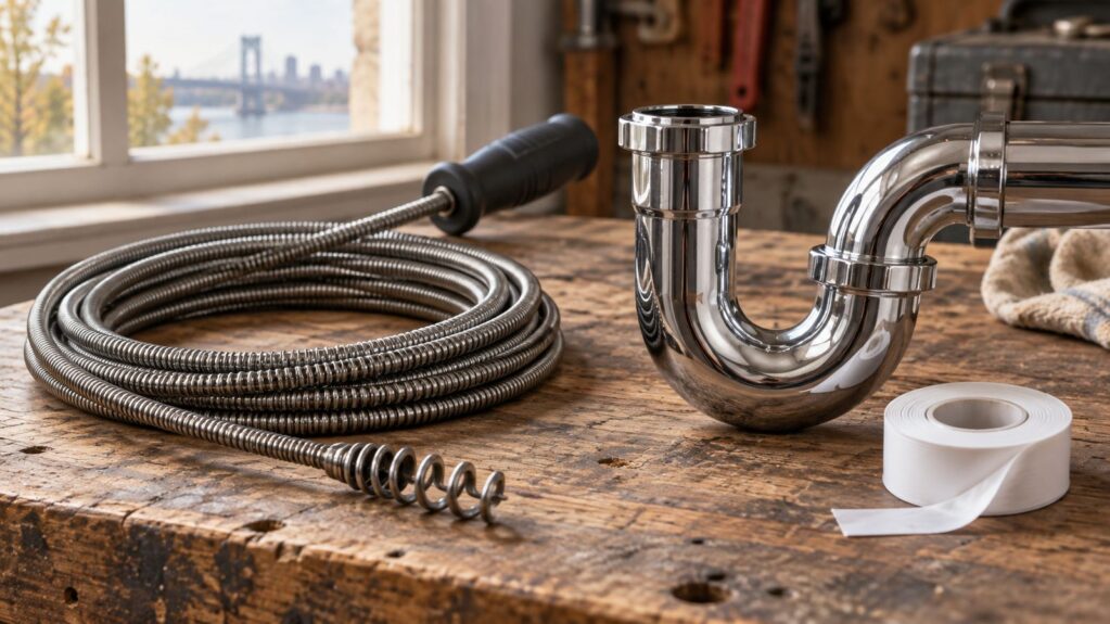 Drain snake, chrome P-trap and PTFE tape on a workbench