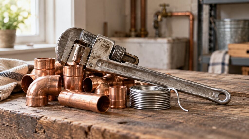 Plumbing tools and copper pipe fittings on a workbench