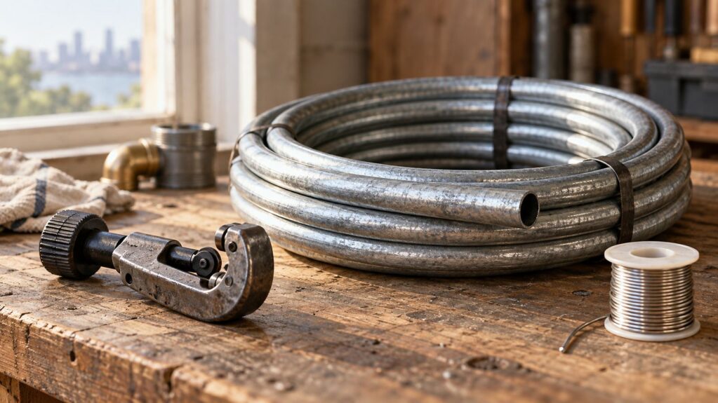 Coiled galvanized steel pipe with a pipe cutter and solder spool on a workbench