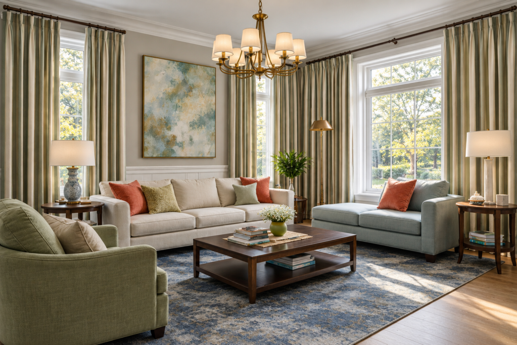 Pinch pleat drapery panels in a striped golden fabric, hanging in a room.