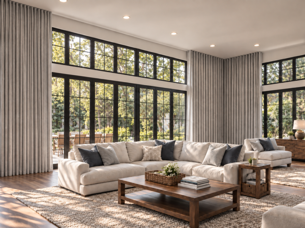 Ripplefold drapery panels in a taupe fabric, hanging in a room.