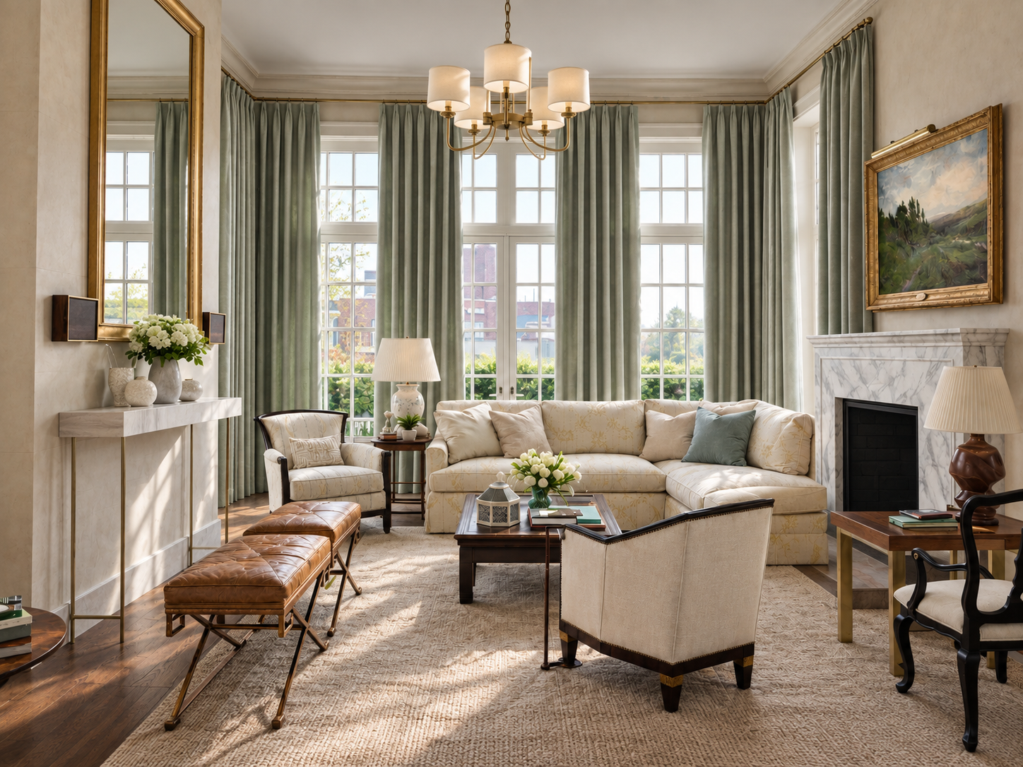 Tailored pleat drapery panels in a seafoam linen fabric, hanging in a room.