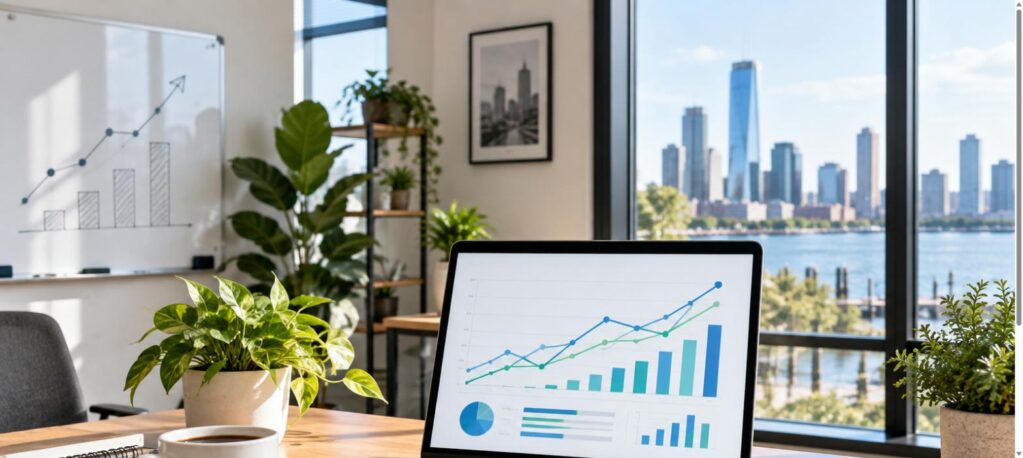 Modern office desk with a laptop showing upward business charts, representing SEO and AI visibility growth for New Jersey businesses
