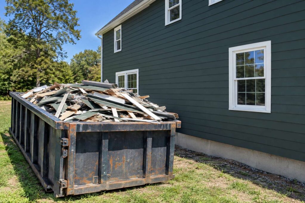 A roll-off dumpster filled with old siding debris beside a house wall newly clad in dark green fiber-cement siding