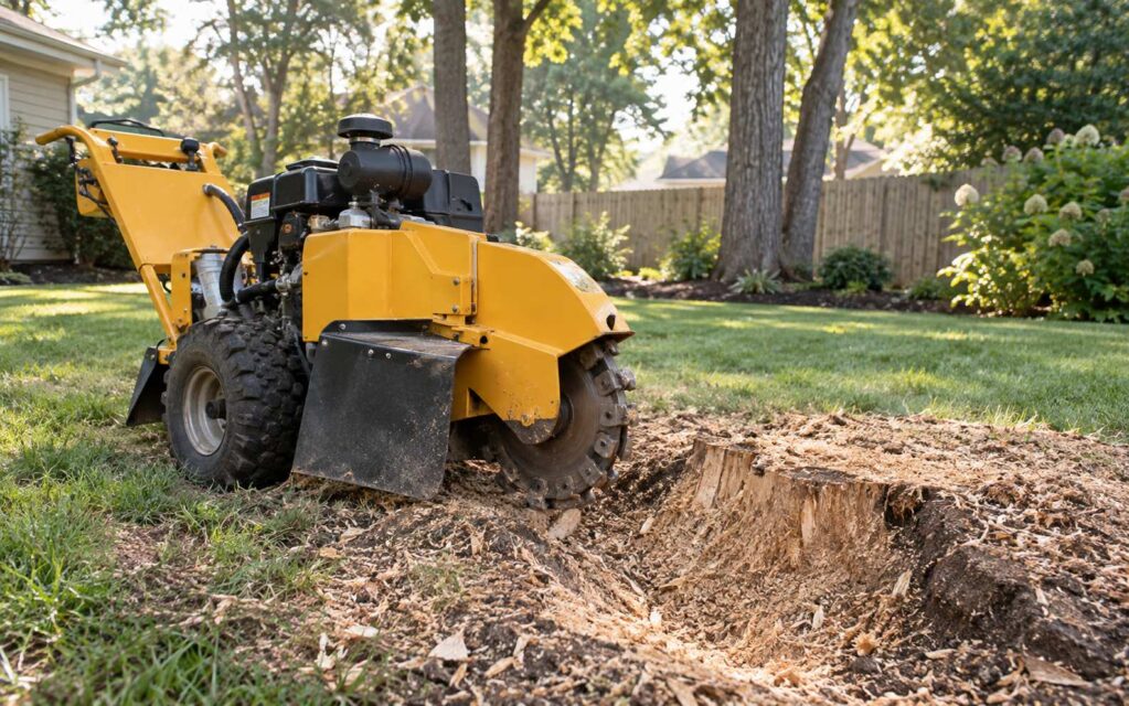 A stump grinder next to a freshly ground tree stump in a Somerville, NJ backyard
