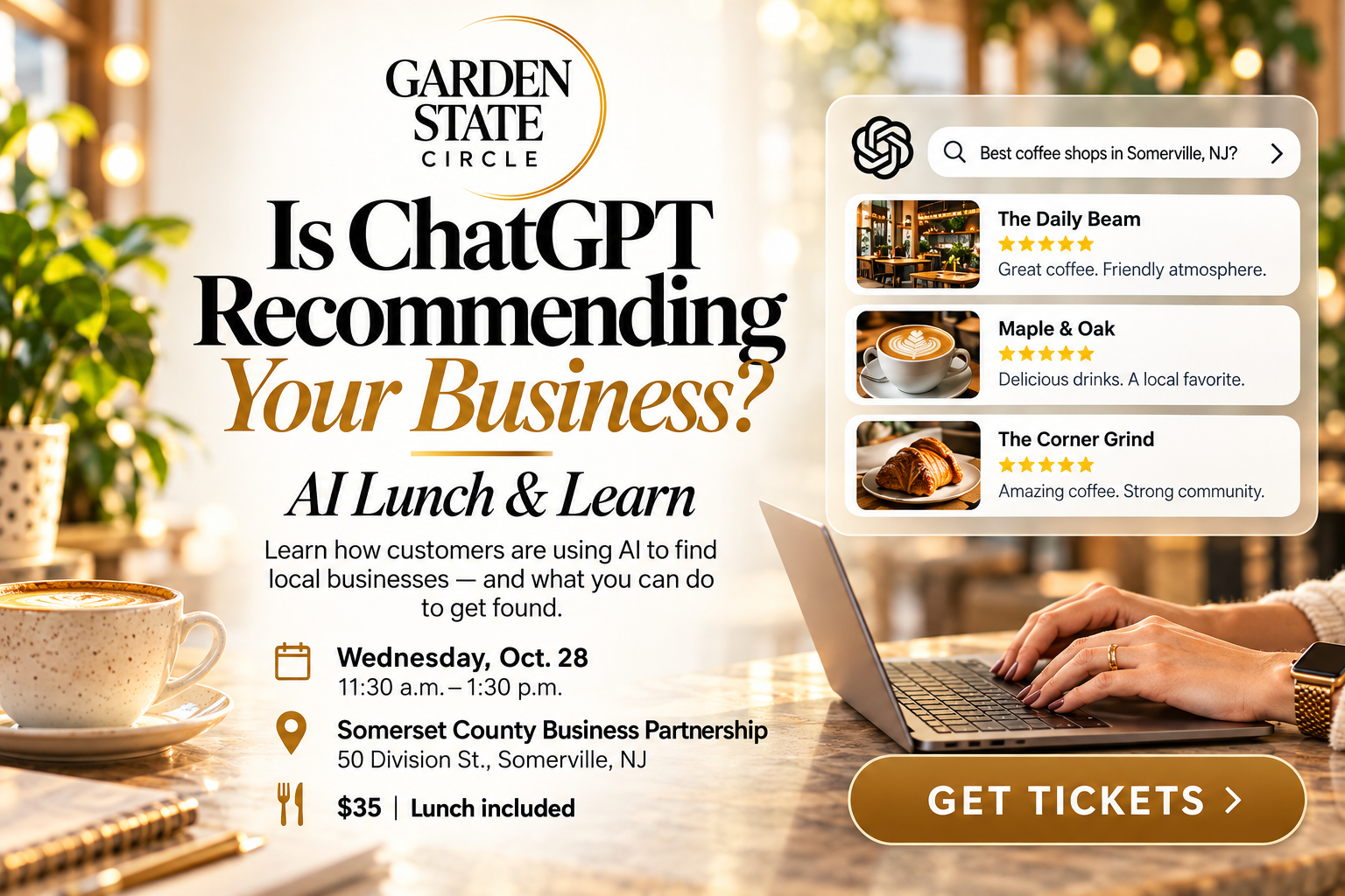 Garden State Circle AI Lunch & Learn: Is ChatGPT Recommending Your Business? Wednesday, October 28.