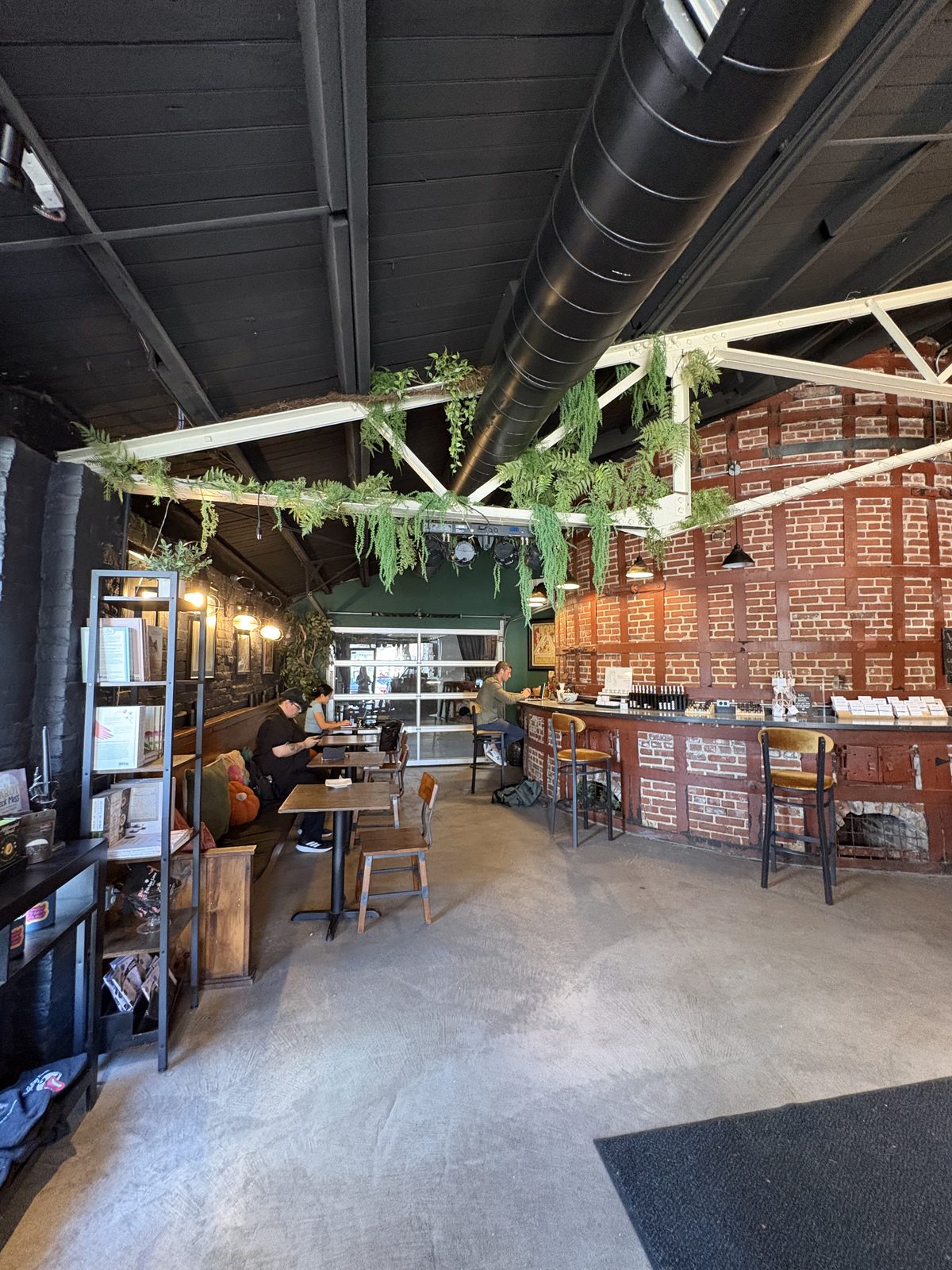 Alkemy Coffee Co., Flemington - the main room with a brick structure on the right, hanging ferns and customers at laptops