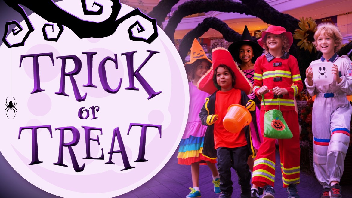 Children carrying candy buckets at American Dream's Halloween trick-or-treating.