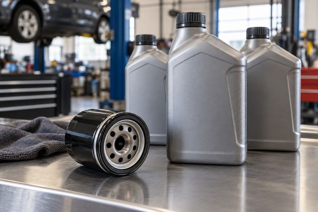Oil filter and motor oil bottles on a shop counter