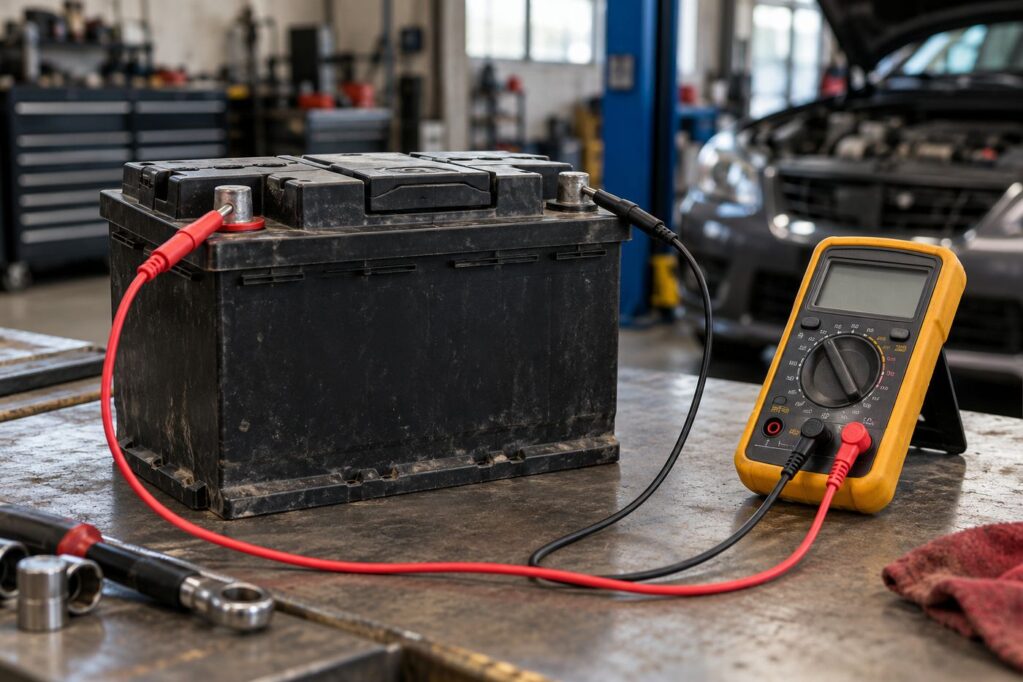 Car battery with a multimeter on a repair shop workbench