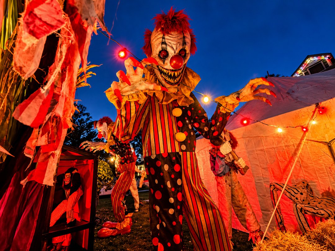 Animatronic clowns in a decorated Halloween yard at night.