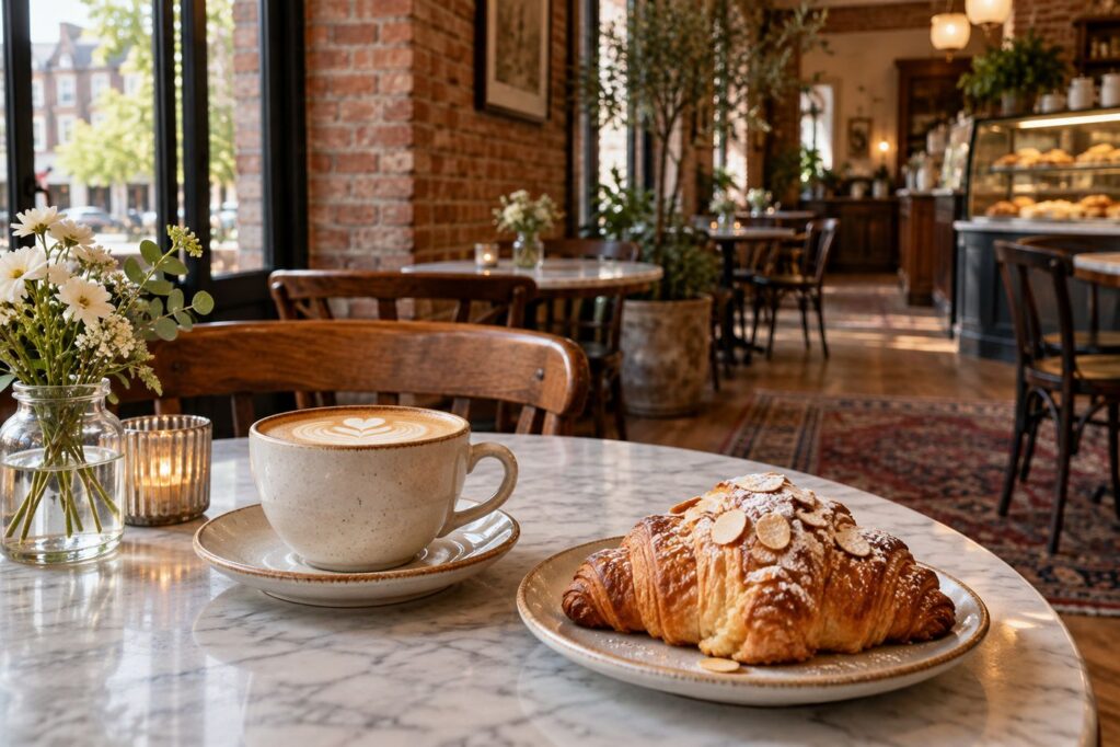 A cappuccino and an almond croissant on a marble cafe table beside a brick wall